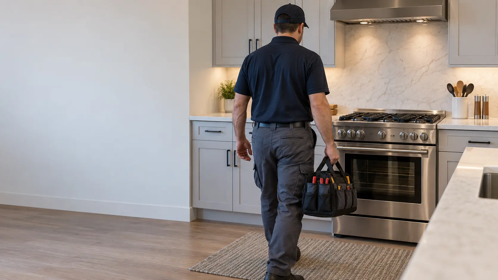 A technician arriving in a kitchen with a tool bag, a clean range ahead, seen from behind.
