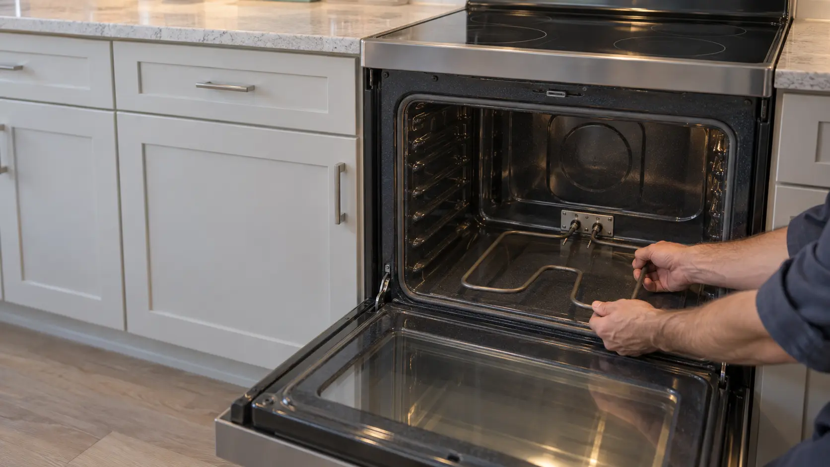 A technician's hands fitting a new bake element at the floor of an empty range oven.