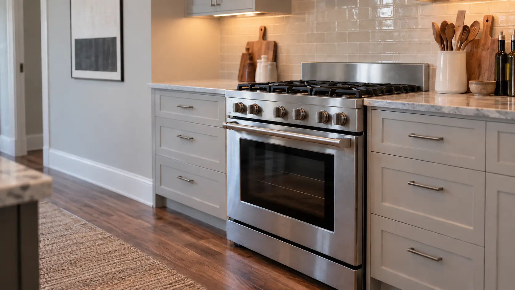 A kitchen showing a gas range with cast-iron grates, closed and clean.