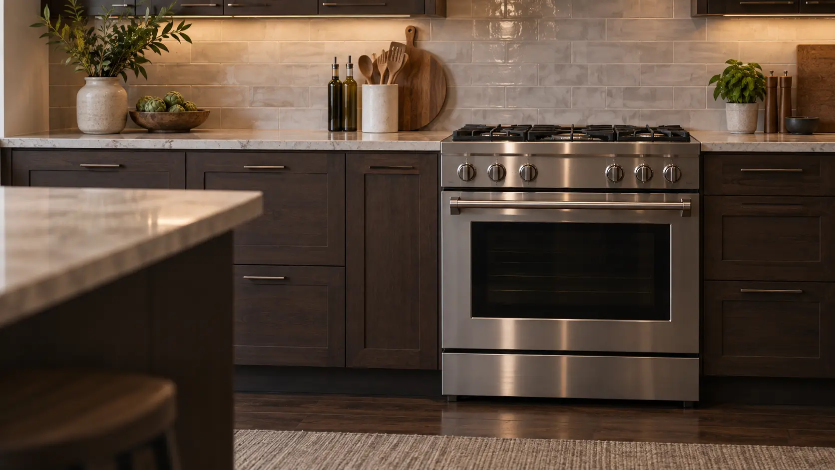 A kitchen range in a Chicago-area bungalow kitchen with a gas range in dark wood cabinets and a tile backsplash, seen square on from across the room.